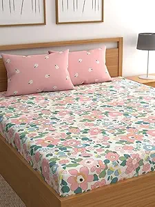 LOOMLYFE 300 TC Microfiber XXL Soft Cotton Super King Size Bedsheet for Double Bed, King Size 108 Inches X 108 Inches, 9 Feet, 275 X 275 cm with 2 Large Size Pillow Covers - PinkFlowers