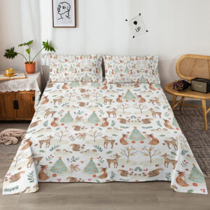 Sheet Set Kids - Cute Deer Fox 4 Pieces Soft Microfiber Cartoon Style Bedsheets For Boys Girls Teens, Breathable Deep Pocket Sheets Forest Animals