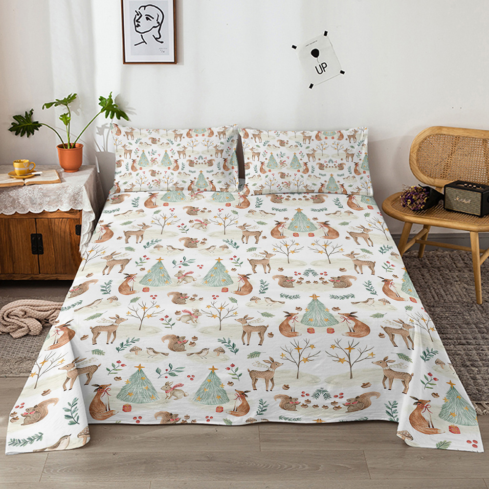 Sheet Set Kids – Cute Deer Fox 4 Pieces Soft Microfiber Cartoon Style Bedsheets For Boys Girls Teens, Breathable Deep Pocket Sheets Forest Animals